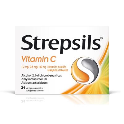 Strepsils Vitamin C 1,2 mg/0,6 mg/100 mg sūkājamās tabletes N24 