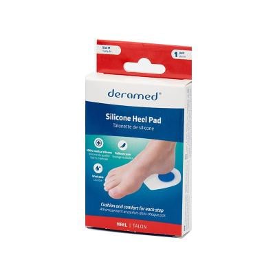 Deramed Silikona gela papēža aizsargs, M izmērs (9,1cm), atbilst apaviem ar 38-40 izmēru, pielīpošs gels stingri notur starpzoli vietā, bet ļauj to pārvietot, neatstājot nekādus nospiedumus, iepakojumā pāris (labā un kreisā).