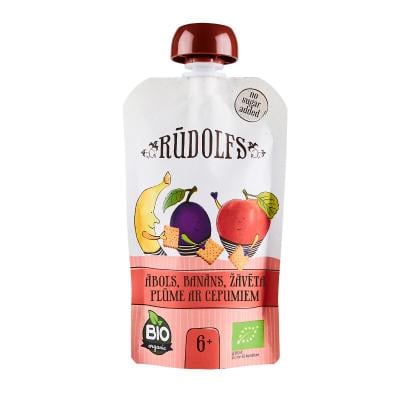Rūdolfs BIO Ābolu, banānu, žāvētu plūmju ar cepumiem biezenis 6+ DP 110g