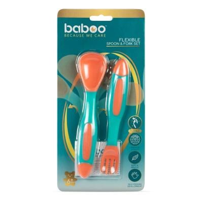 BABOO Elastīgi piederumi (karote un dakšiņa), 6+ mēn., oranži
