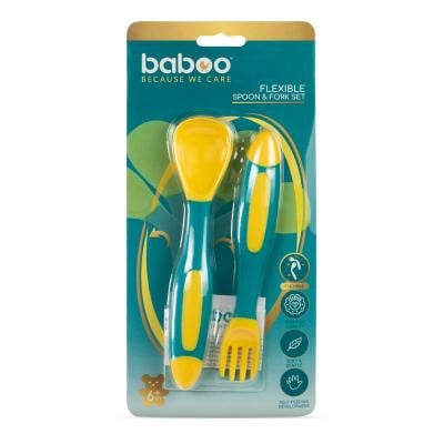 BABOO Elastīgi piederumi (karote un dakšiņa), 6+ mēn., tirkīza