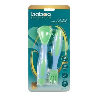 BABOO Elastīgi piederumi (karote un dakšiņa), 6+ mēn., zaļi