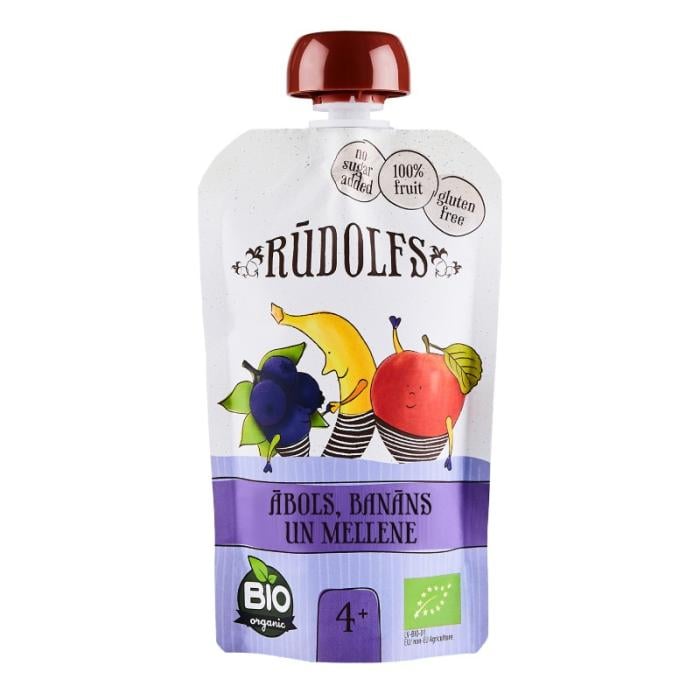 Rūdolfs BIO Ābolu, banānu, melleņu biezenis 4+ DP 110g
