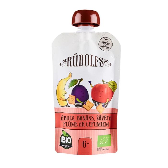 Rūdolfs BIO Ābolu, banānu, žāvētu plūmju ar cepumiem biezenis 6+ DP 110g