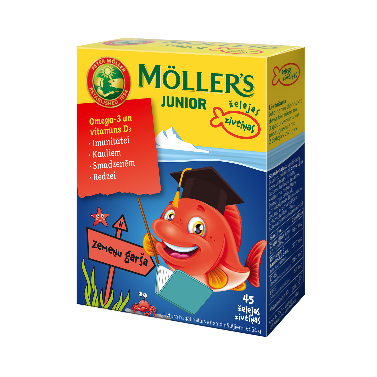 MOLLERS JUNIOR želejas zivtiņas ar zemeņu garšu, 45 gab.