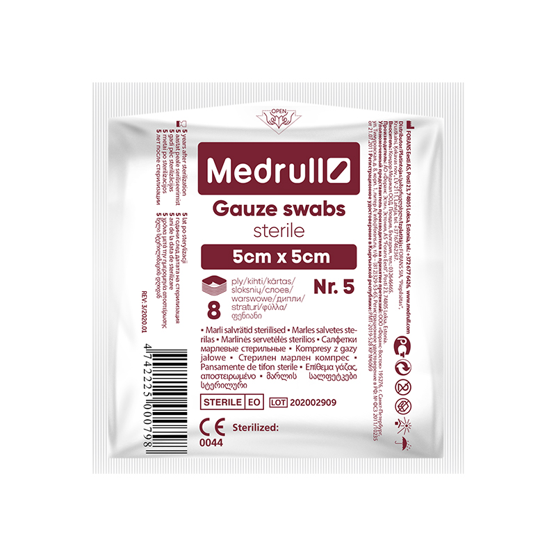 Medrull marles salvetes sterilas, 5 cm x 5 cm, 5 gb.