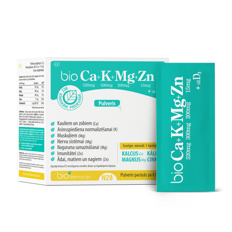 BIO CA+K+MG+ZN ar vitamīnu D3, pulveris, 28 paciņas