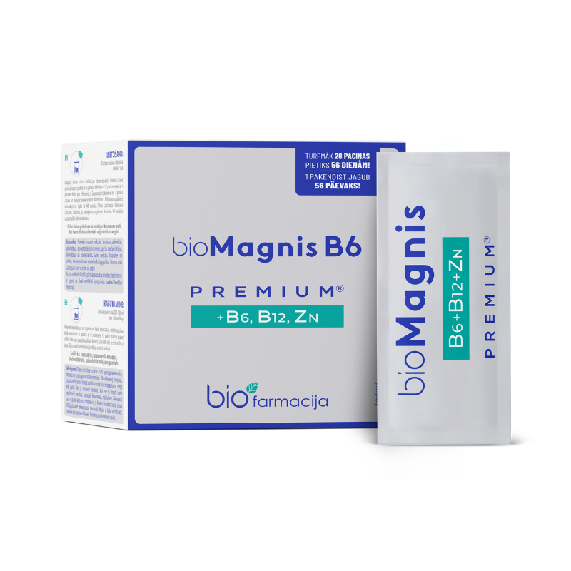 BIOFARMACIJA Biomagnis B6 premium +B6, B12, cinks pulveris, 28 gab.