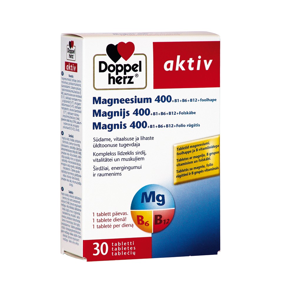 Doppelherz Aktiv ar magniju, folskābi un B grupas vitamīniem, 30 tabletes