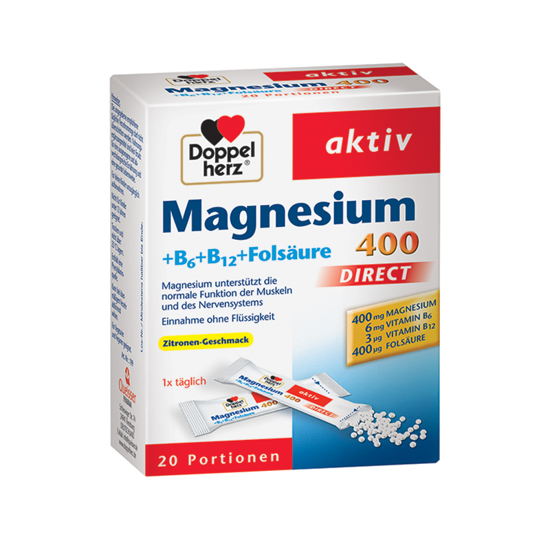 DOPPELHERZ AKTIV DIRECT Magnijs 400 + B6 + B12 + Folskābe, šķīstošas mikrogranulas, 20 paciņas
