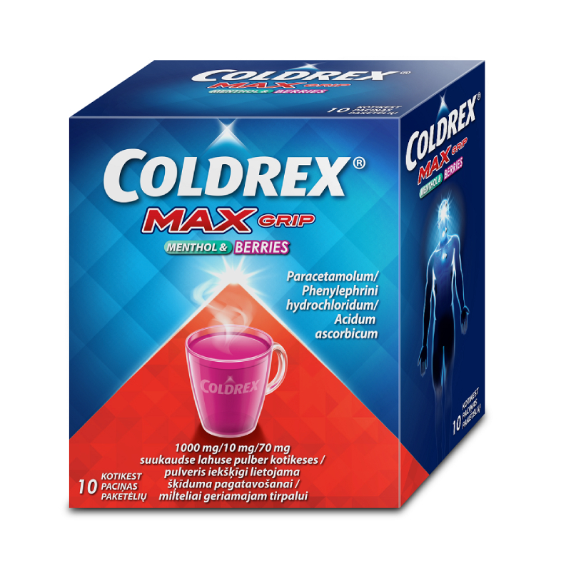 Coldrex MaxGrip Menthol & Berries 1000 mg/10 mg/70 mg pulveris iekšķīgi lietojama šķīduma pagatavošanai