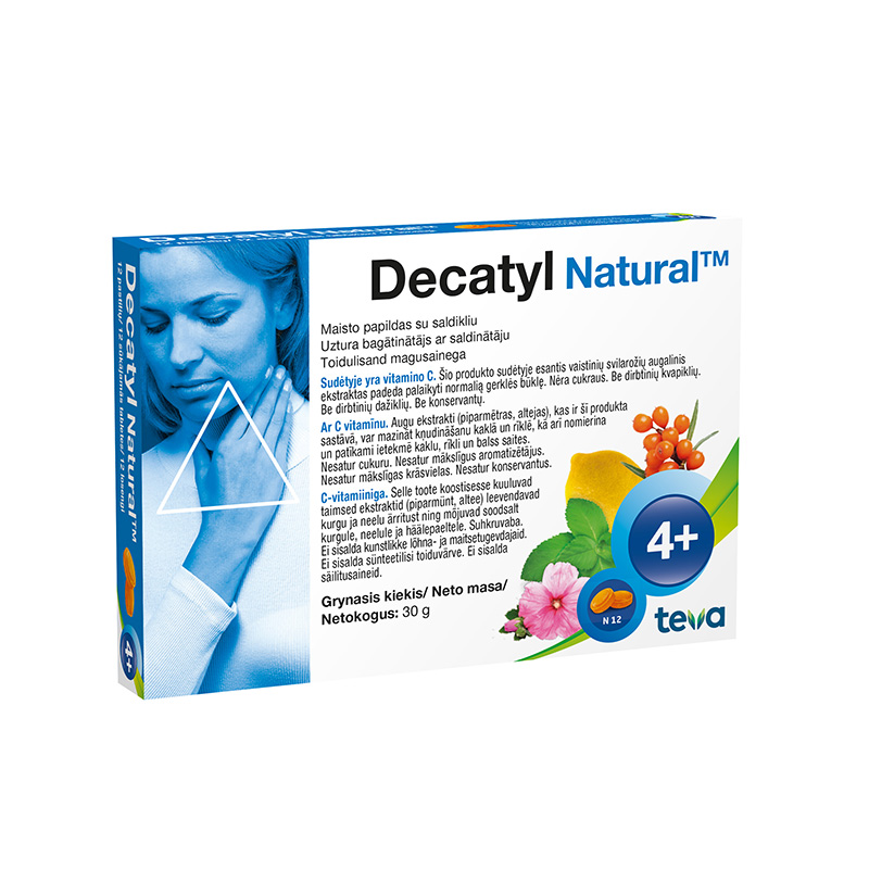 DECATYL Natural sūkājamās tabletes, 12 gab.
