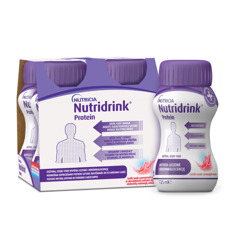 NUTRICIA Nutridrink Protein ar atsvaidzinošo sarkano augļu garšu 125 ml dzēriens, 4 gab.