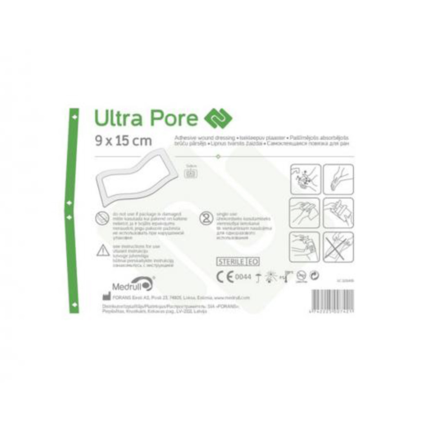 MEDRULL pašlīmējošs absorbējošs brūču pārsējs sterils ULTRA PORE, 9x15cm, 1 gab.