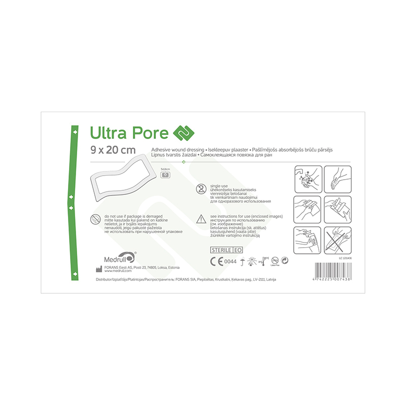 MEDRULL pašlīmējošs absorbējošs brūču pārsējs sterils ULTRA PORE, 9x20cm, 1 gab.