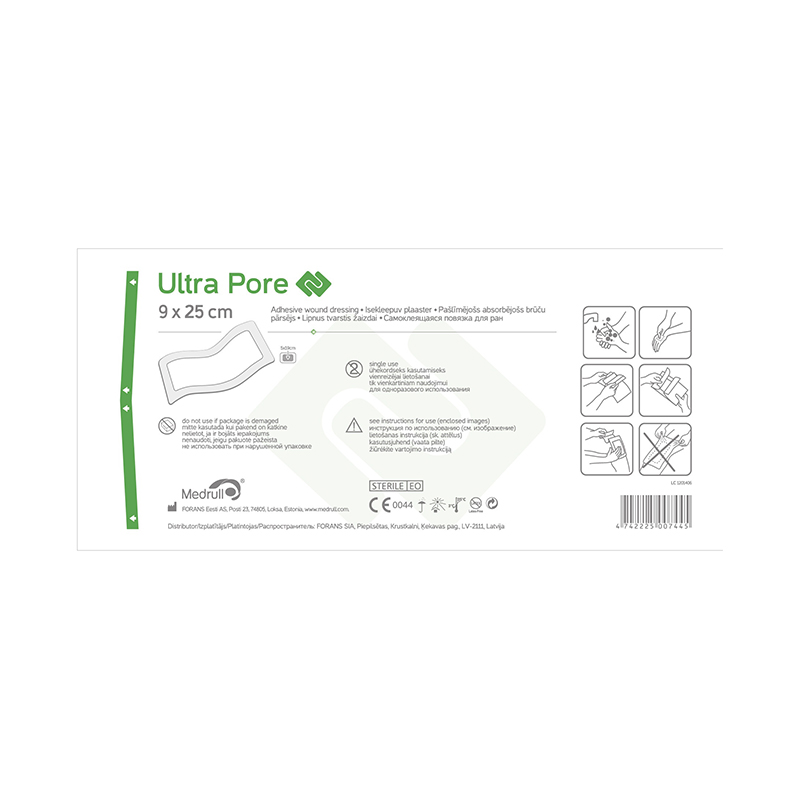 MEDRULL pašlīmējošs absorbējošs brūču pārsējs sterils ULTRA PORE, 9x25cm, 1 gab.