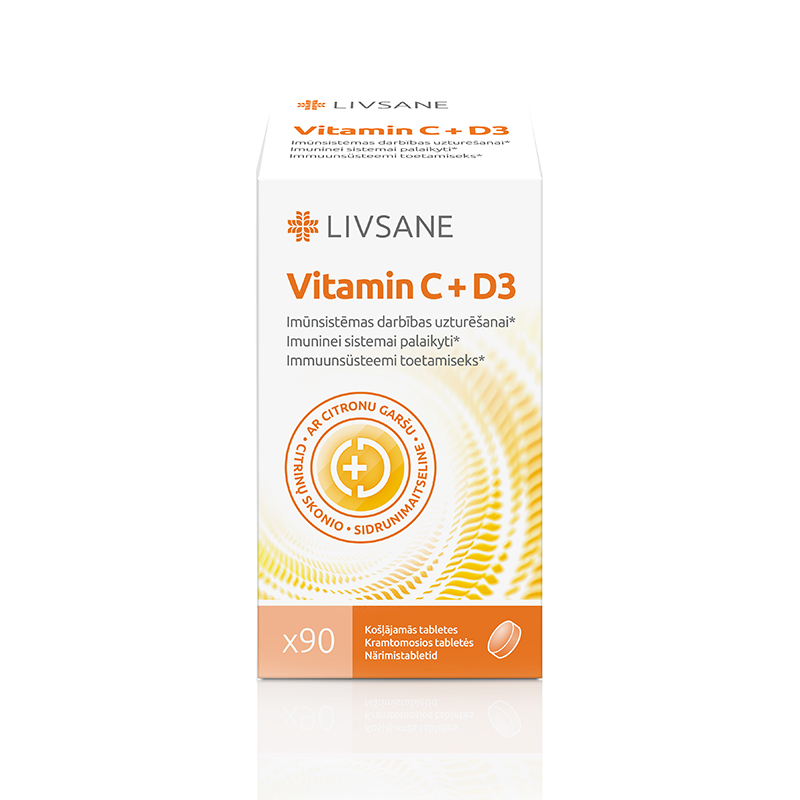 LIVSANE C vitamīns + D3 košļājamās tabletes, 90 gab.