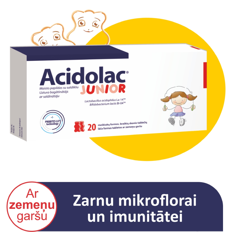 ACIDOLAC ar zemeņu garšu JUNIOR, 20 tabletes