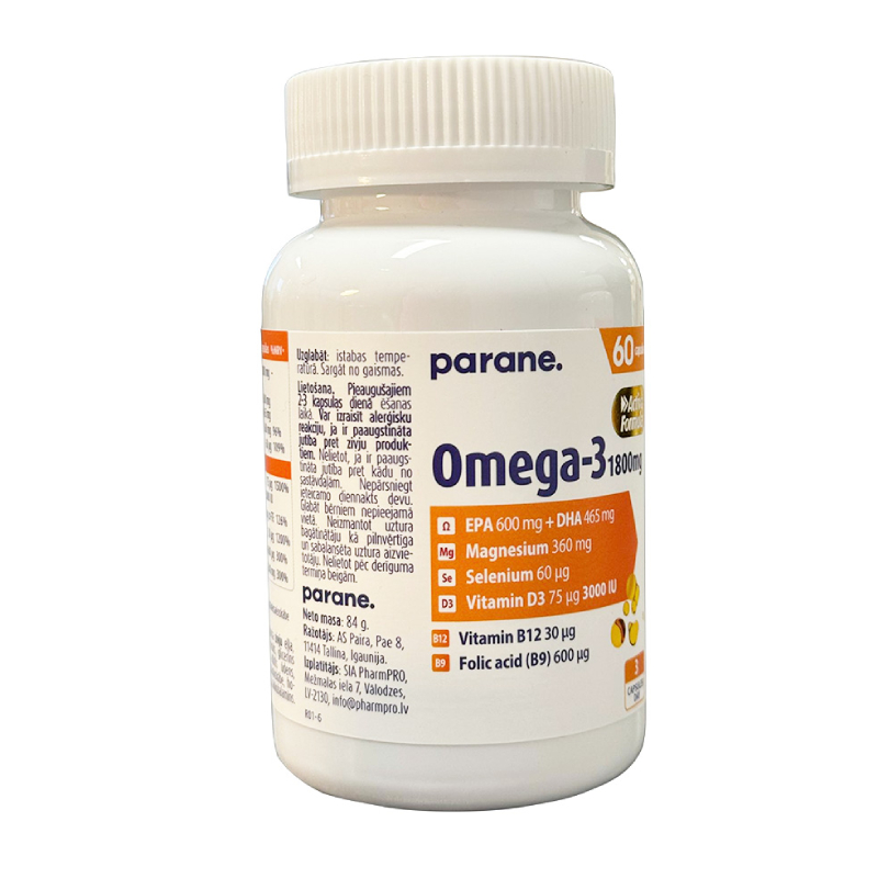 Omega-3 1800 mg + Magnijs + Selēns + Vitamīn D3 Parane, 60 kapsulas
