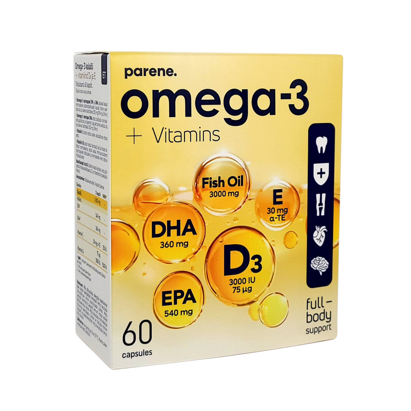 Omega-3 + vitamīni D3+E Parene, 60 kapsulas