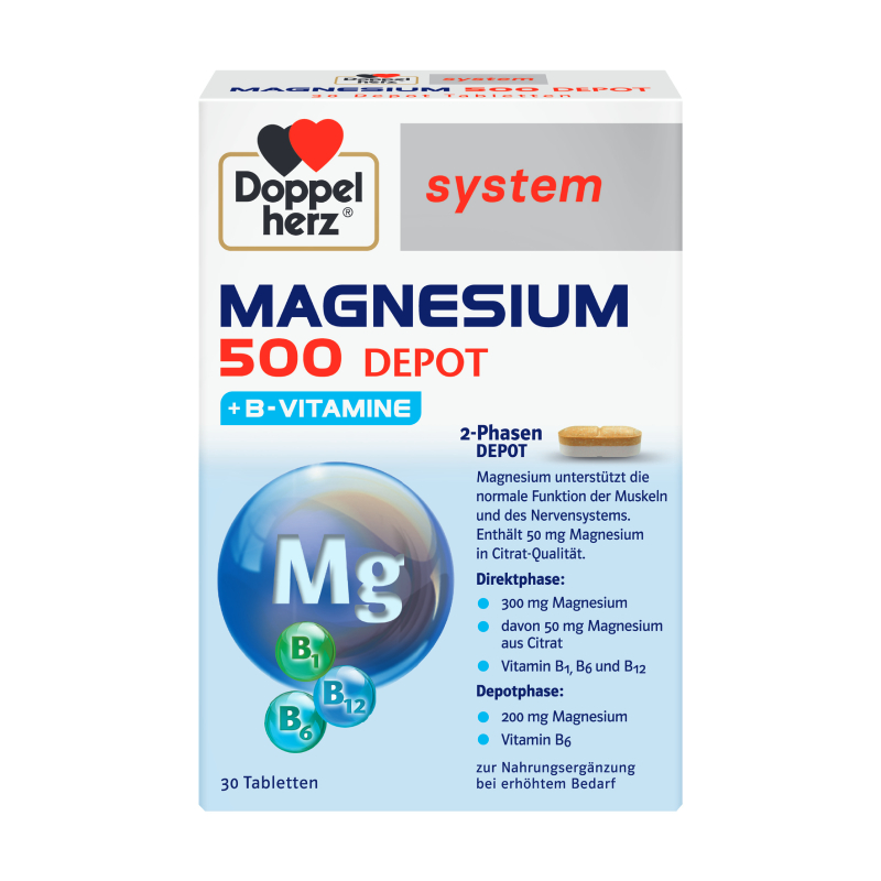 DOPPELHERZ System Magnesium 500 Depot + B vitamīni tabletes, 30 gab.