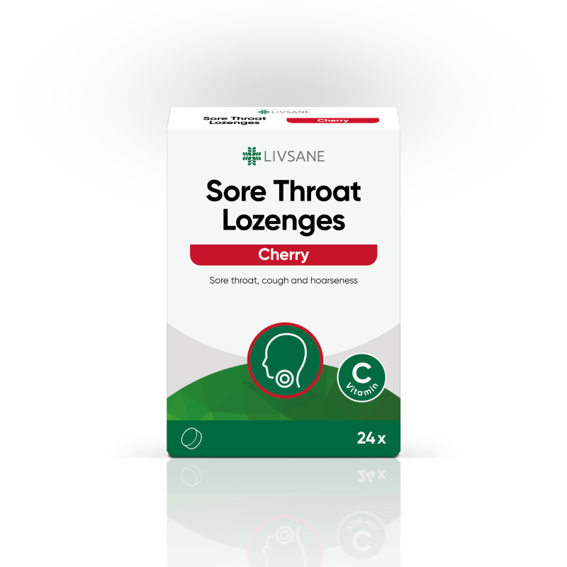 LIVSANE Sore Throat sūkājamās pastilas ar ķiršu garšu, 24 gab.
