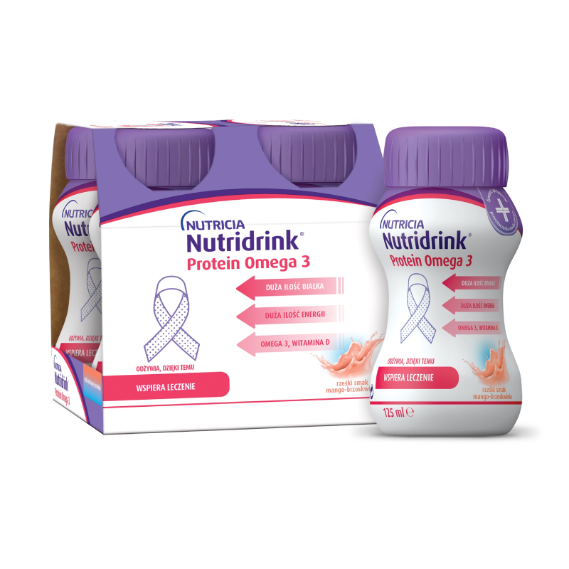 NUTRICIA NUTRIDRINK ar persiku-mango garšu PROTEIN OMEGA 3, 4 gab., 125 ml