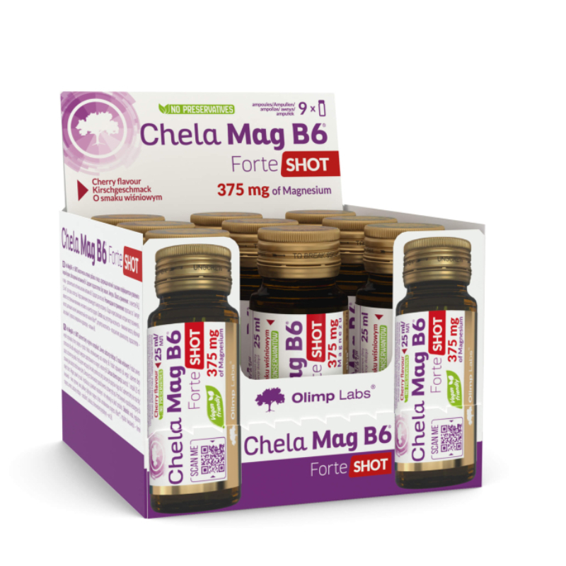 OLIMP LABS Chela-Mag B6 Forte Shot ķiršu garša 25 ml ampulas, 9 gab.