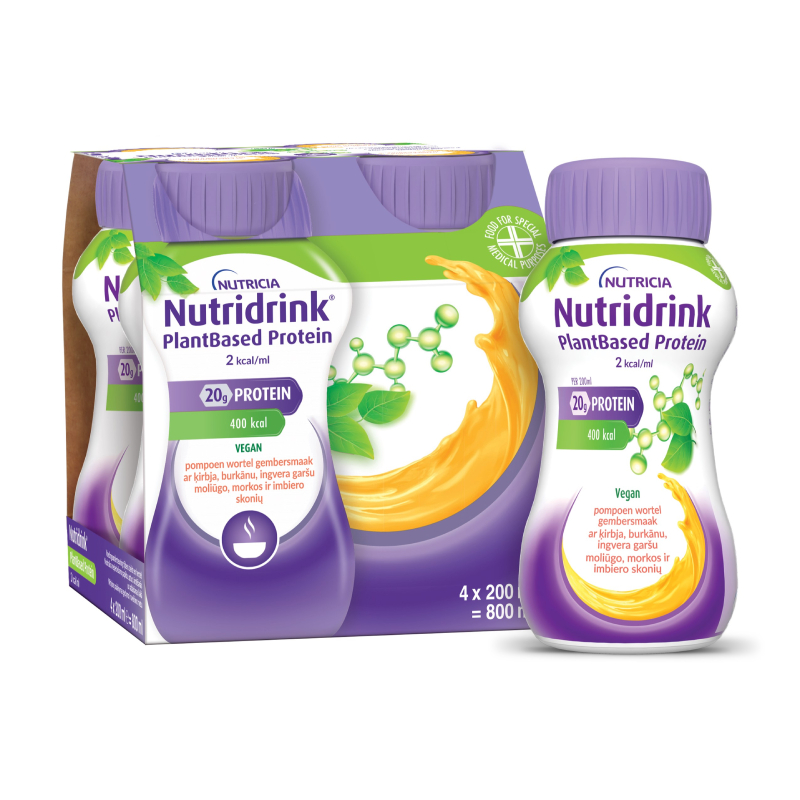 NUTRICIA NUTRIDRINK ar ķirbja, burkānu, ingvera garšu PROTEIN 2.0, 4 gab., 200 ml